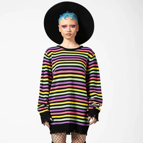 Killstar Rainbow Warrior Striped Knit Jumper Sweater Distressed Hem & Cuffs MD - Picture 3 of 15